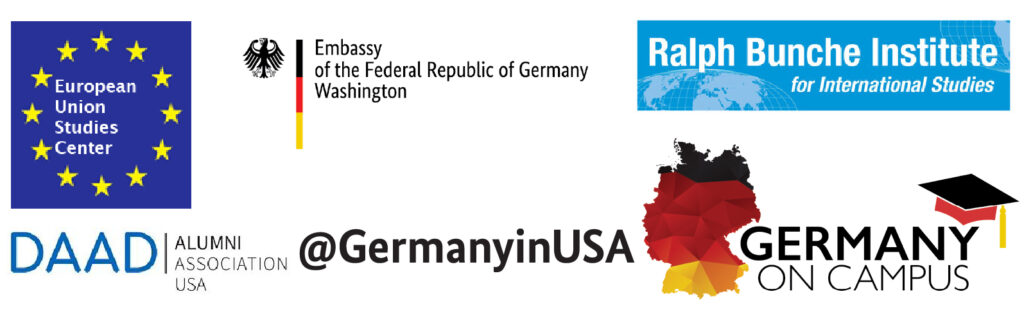 Logos of the European Union Studies Center, the Ralph Bunche Institute, The DAAD Alumni Association USA, The Embassy of the Federal Republic of Germany in Washington, D.C., and the Germany on Campus program